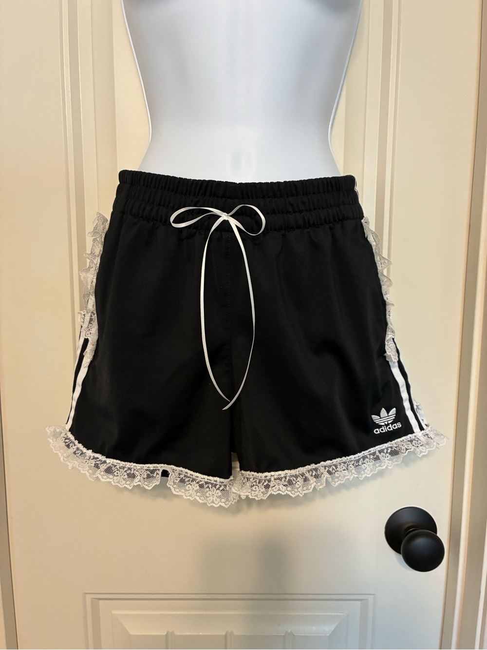Adidas Black Athletic Shorts with White Lace Trim